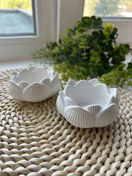 Shree International White Ceramic Lotus Shape Decorative Bowl Ceramic 2 - Cup Candle Holder