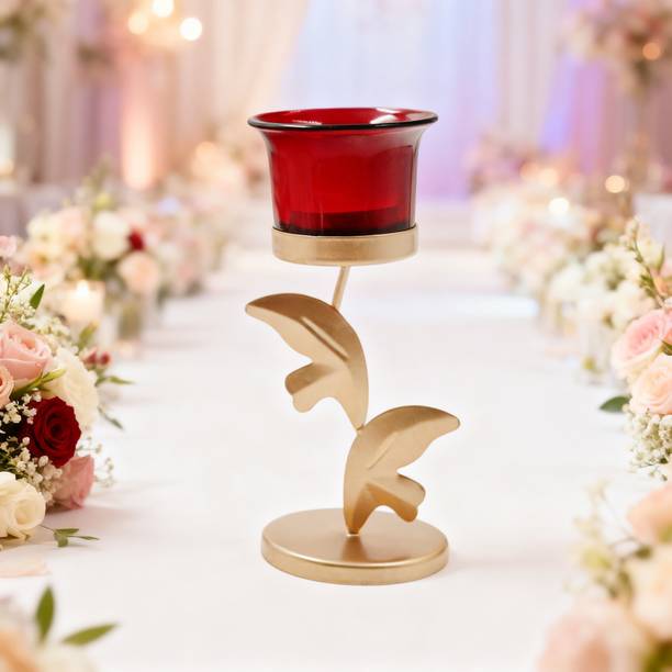 Hosley Decorative Metal Tealight Candle Holder with Red Glass Cups Gold Finish Iron 1 - Cup Candle Holder