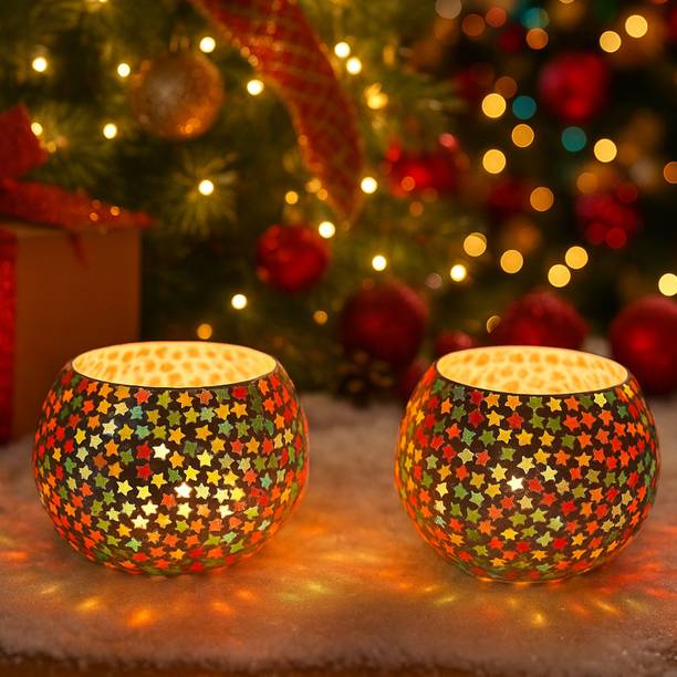 TIED RIBBONS Glass Tealight Holder with T light Candle for festival Decoration Glass 2 - Cup Tealight Holder Set