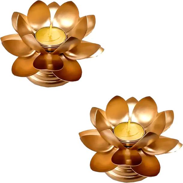 Brand Retail Golden Metal Table Lotus Flower T-light /Tealight Holder Diwali Diya Iron 2 - Cup Tealight Holder Set