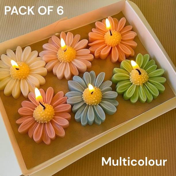 Siya Pack of 6 Multicolour Flower Daisy Wax Candles | Home Décor, Gift & Festive Candle