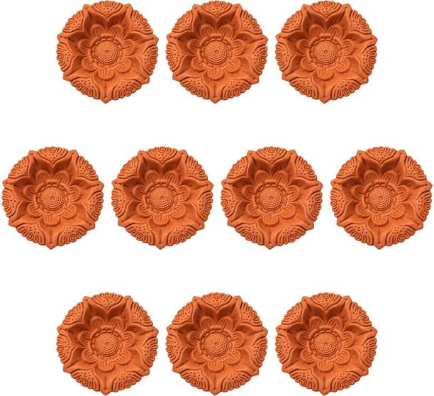 Printax 10 handmade 3 inch terracotta clay diyas, Lotus Bloom, natural unpainted finish Terracotta (Pack of 10) Table Diya Set