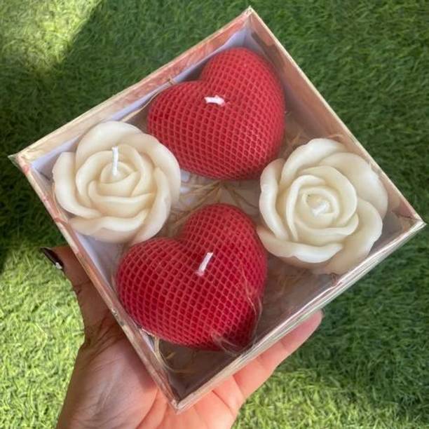 Crown's Queue Red Heart shape Candle with White Rose Shaped Candle Candle