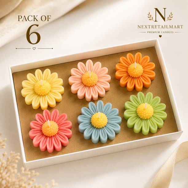 Siya Pack of 6 Multicolour Flower Daisy Wax Candles | Home Décor, Gift & Festive Candle