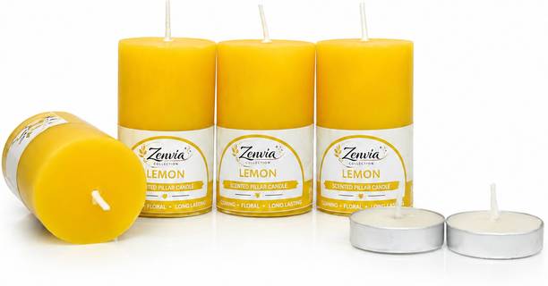 Zenvia Collection Lemon Scented Pillar Candle with 2 White Tealights | Long Burning Home Decor Candle