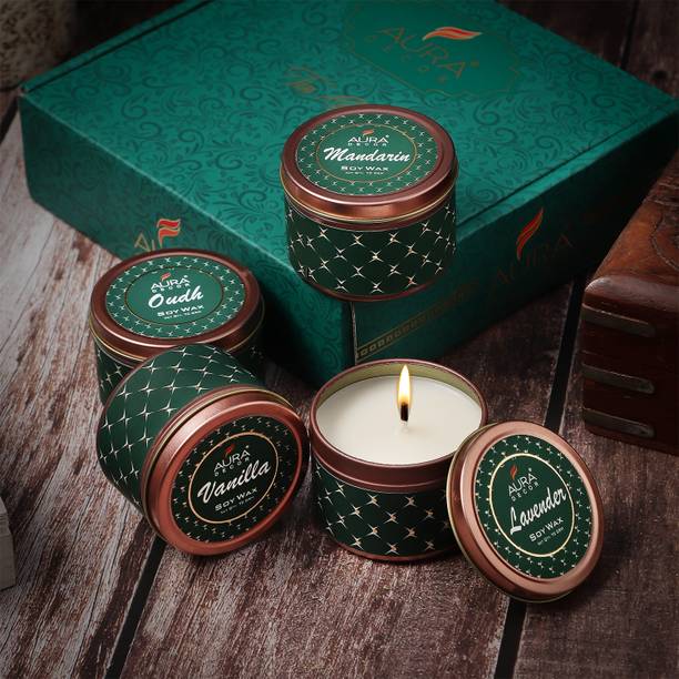 AuraDecor Tin Candle Aromatherapy Gift Set, 4 Fragrances Vanilla, Oudh, Mandarin, Lavender Candle