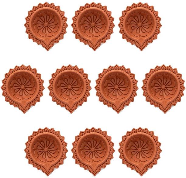 Printax 10 handmade 3 inch terracotta clay diyas, Pinwheel, natural unpainted finish Terracotta (Pack of 10) Table Diya Set