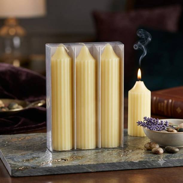 Boxglee Yellow Ribbed Pillar Candle Scented Decorative Candle for Home Decor & Gift A17 Candle