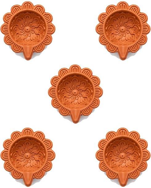 Printax 5 handmade 3 inch terracotta clay diyas, Sunflower, natural unpainted finish Terracotta (Pack of 5) Table Diya Set