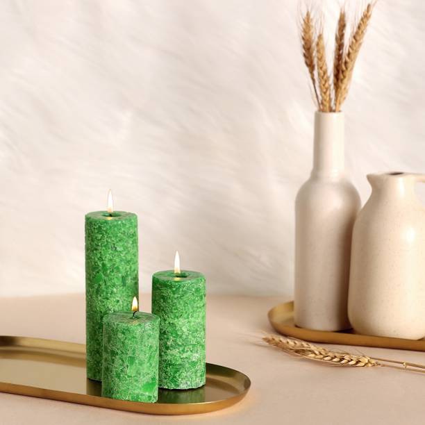 Parkash Candles Set of 3 Fragrance Pillar Candles Green Marble Finish (Lemon Grass Fragrance) Candle