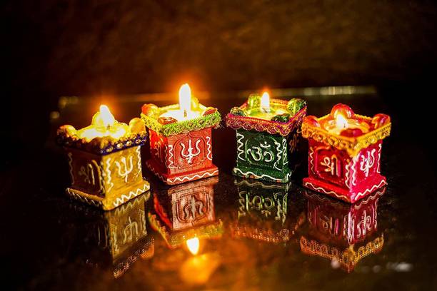 Fashion Bizz Tulsi Diya for Diwali Decoration Terracotta Diyas Tealight Candles Christmas Ceramic (Pack of 4) Table Diya Set