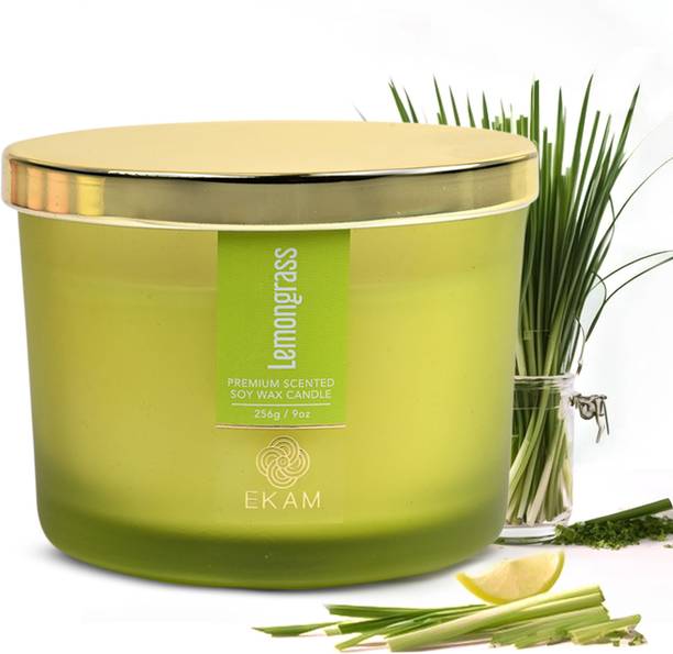 Ekam Lemongrass 3 Wick Soy Wax Scented Candle, 256 Grams, 35 Hours Burn Time Candle