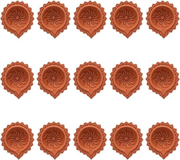 Printax 15 handmade 3 inch terracotta clay diyas, Pinwheel, natural unpainted finish Terracotta (Pack of 15) Table Diya Set