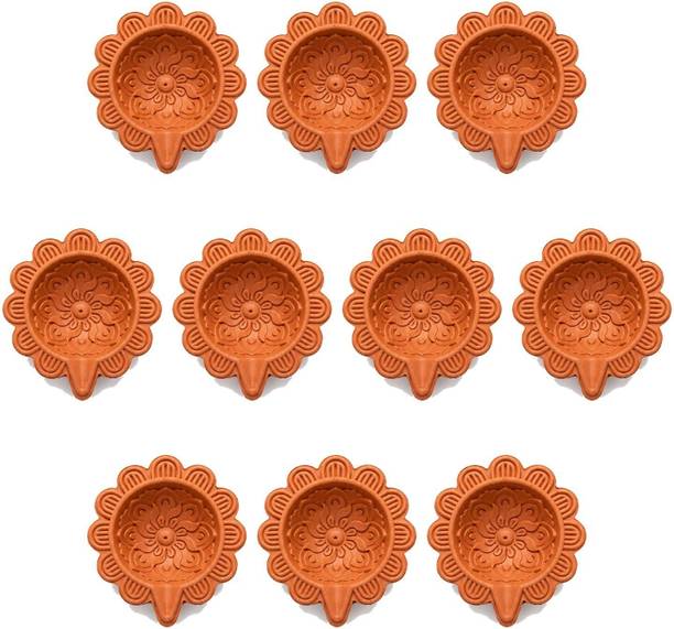 Printax 10 handmade 3 inch terracotta clay diyas, Sunflower, natural unpainted finish Terracotta (Pack of 10) Table Diya Set
