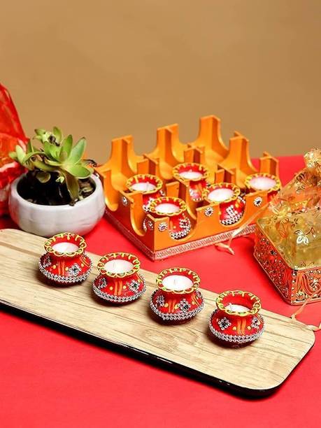 True Décor Handmade Wax Filled Matki Clay Diya For Diwali Decoration Pack Of 12 Candle