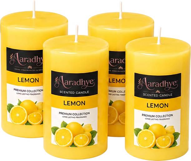 Aaradhye Home Fragrances & Decor Lemon Scented Pillar Candles | Long Lasting Smokeless Aroma Candles Candle