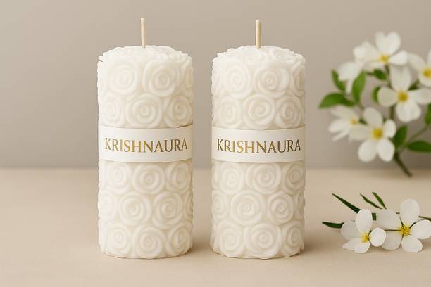 KRISHNAAURA white Scented Soy Wax Pillar Candle LONG BURING 8 hrs Ideal for Home Deco Candle