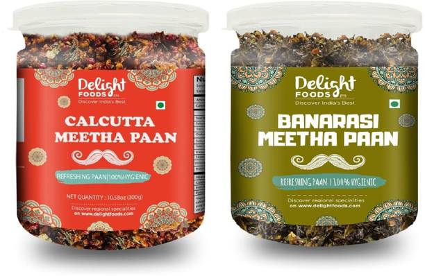Delight Foods Calcutta Meetha Paan and Banarasi Meetha Paan (300gm each) Without Supari Traditional Mukhwas, Sweet Paan Hygienically Packed Jar Mouth Freshener