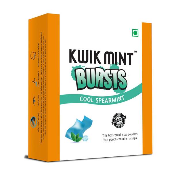 Kwik Mint KwikMintBursts Sugar Free SpearMint Flavoured Mouth Freshener Oral Care Strips - Pack of 1 (40 Sachets - 120 Strips) SpearMint Mouth Freshener