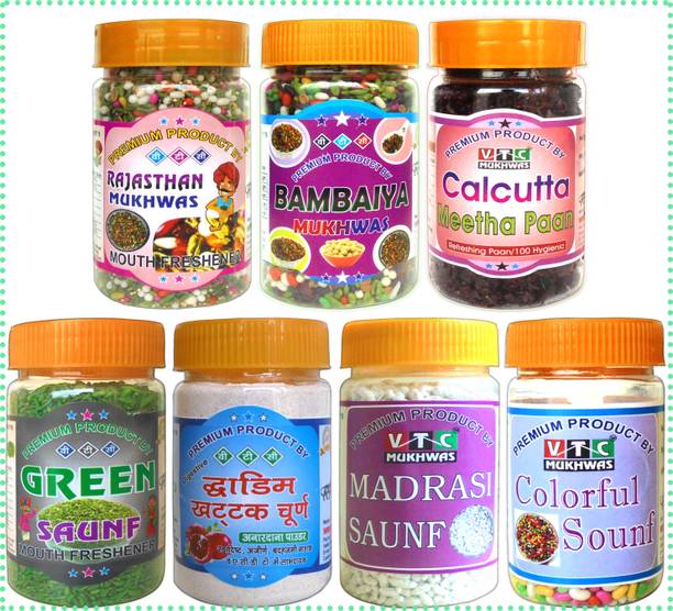 VTC Combo 7 Rajasthani, Bambaiya, Paan, Green Saunf, Dadim Churan, Mint, Tini Mini Saunf Mouth Freshener