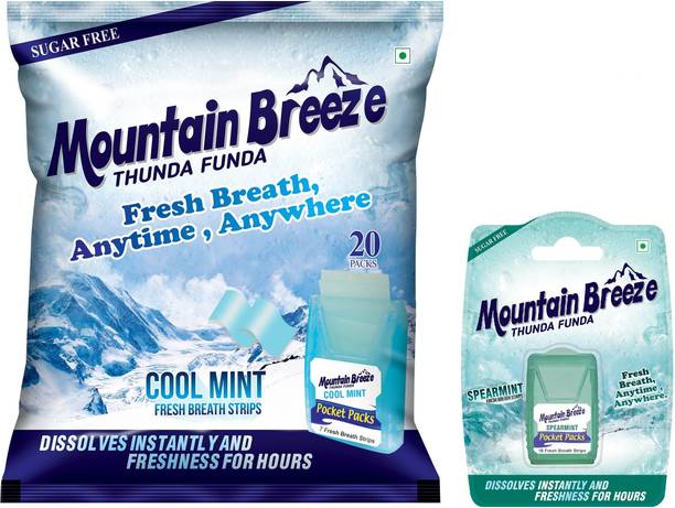 Mountain breeze Sugar-Free Cool & Spearmint Fresh Breath Strp(7*20=140Strp) with Spear(24 Strp) Mint Mouth Freshener