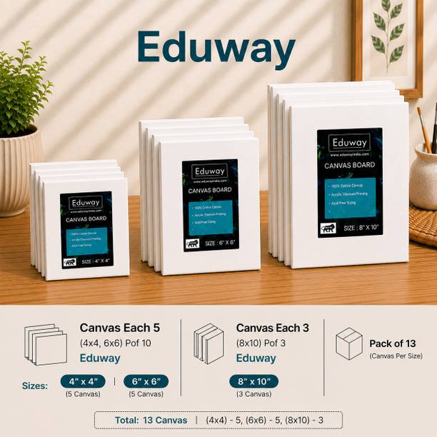 Eduway Each 5 (4"x4",6"x6") 3 (8"x10") Pack of 13, 4mm, Painting Cotton Medium Grain Primed Canvas Board (Set of 13)