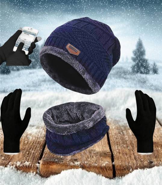 Highever Winter Woolen Beanie neck warmer and Touchscreen Gloves set for men and women Beanie