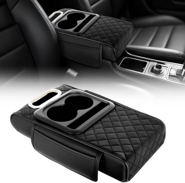 SUICUNE Multifunctional Leather Car Armrest Box Pad with Cup Holder & Phone Holder Car Armrest Cover
