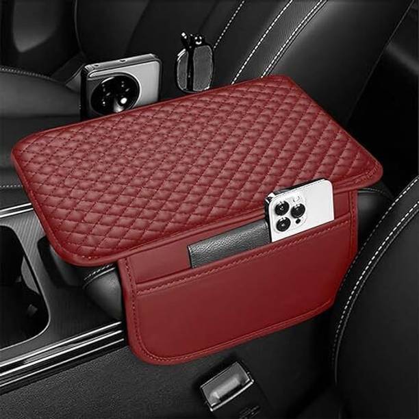 Egab PU Leather Car Armrest Cushion Pad With Side Pockets (Maroon) Car Armrest Cover