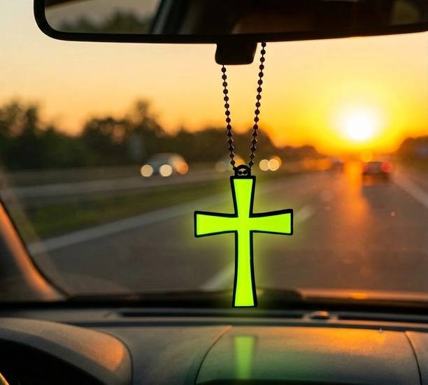 Rain Crafts Premium Holy Cross 3D Fluorescent Green Acrylic Car Hanging with Metal Chain Car Hanging Ornament