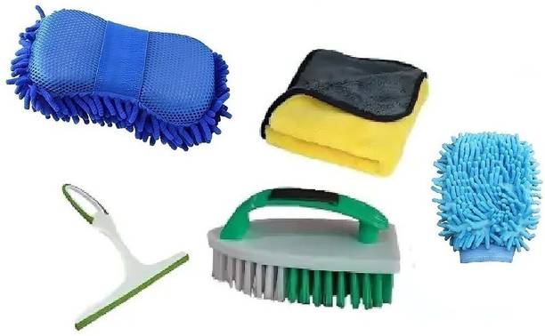 WINKCART Full Interior Exterior Cleaning accessories all purpose Soft Microfiber Cloth Towel, Wash Mitt Sponge, Glass Wiper,|Carpet Brush|Gloves Vehicle Interior Cleaner