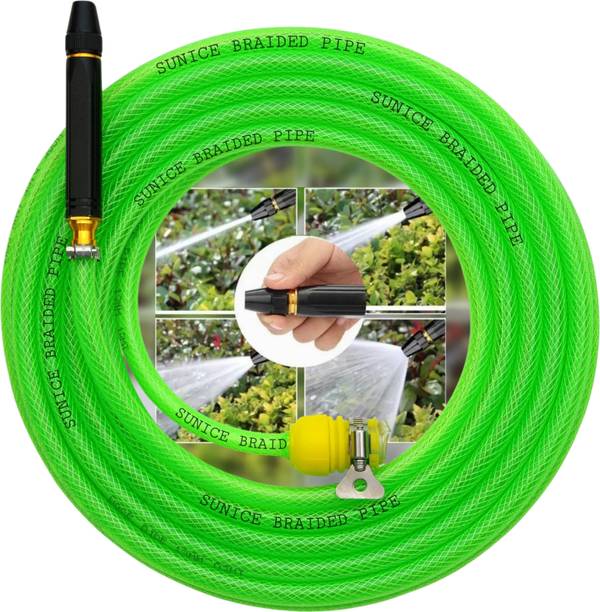 SUNICE 15 Meter Green braided Hose Pipe (Diameter: ½’’,0.5 Inch,12 mm) with metal spray Spray Gun