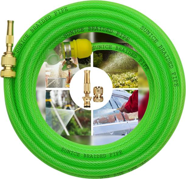 SUNICE 10 Meter Braided Green Hose Pipe with Metal Spray (Diameter: ½’’,0.5 Inch,12 mm) Spray Gun