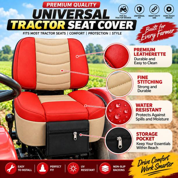 farmfit Leather, Leatherette, PU Leather Car Seat Cover For Universal For Car Premium Universal Tractor Seat Cover Red Beige | Waterproof Leatherette Seat Protector with Storage Pocket | Easy Install