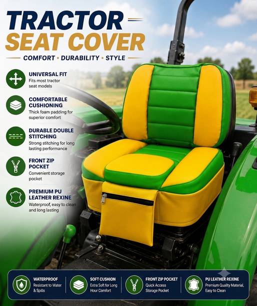 amit torq Leather, Leatherette, PU Leather Car Seat Cover For Universal For Car Universal Green & Yellow Tractor Seat Cover with Soft Cushion, Waterproof PU Leather Finish, Double Stitching & Front Storage Pocket for Mahindra, Swaraj, Sonalika & John Deere
