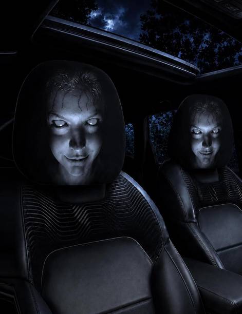 amidha Fabric Car Seat Cover For Universal For Car Pack Scary Car Headrest Covers, Upgraded Snug Fit Universal Headrest Cover, Breathable Polyester Ghost Face Seat Protector for Halloween Car Interior Decoration, Vehicle Accessories
