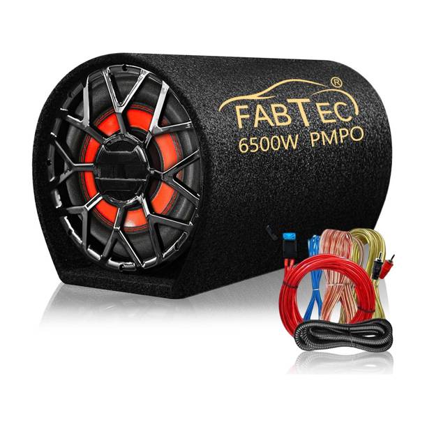 FABTEC 12 Inch Grey Car Bass Tube Subwoofer with Inbuilt Amplifier - Plug and Play Bass Tube Powerful Audio and Deep Bass with Amplifier Wire Kit Subwoofer