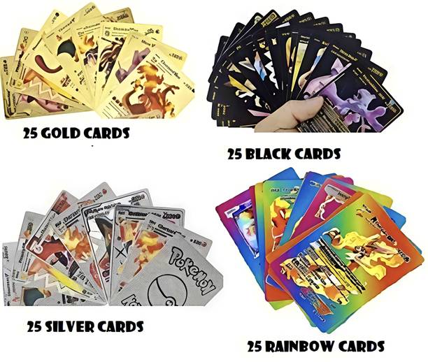 Bazaar 100 Pcs Metal Pokemon Cards Set – 25 Gold +25Black +25 Silver +25 Rainbow Cards