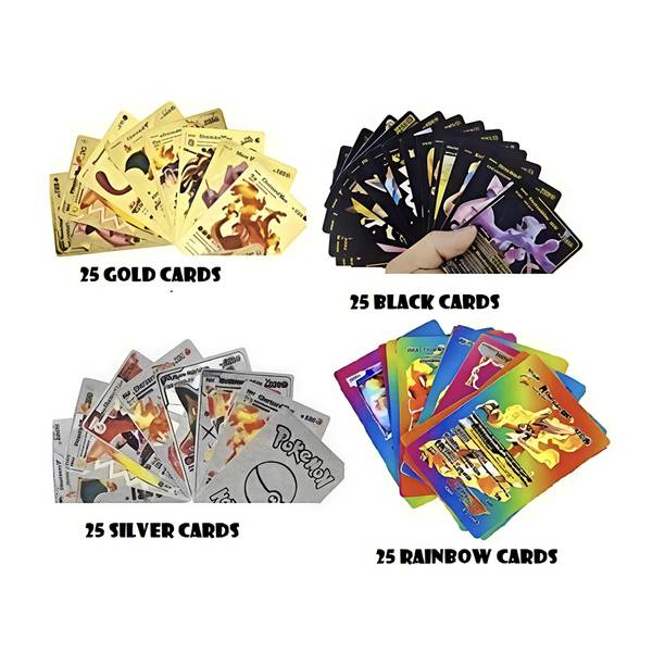 Bazaar 100 Pcs Metal Pokemon Cards Set – 25 Gold +25Black +25 Silver +25 Rainbow Cards