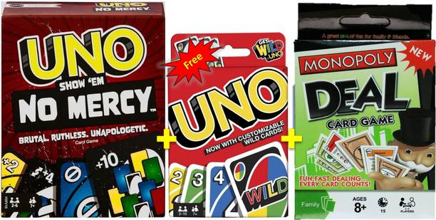 ToyShaala 3-in-1 Card Game Combo Set – UNO No Mercy, Classic UNO & Monopoly Deal