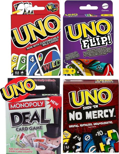 ToyShaala 4-in-1 UNO Card Game Combo Pack – Classic, Flip, No Mercy & Monopoly Deal