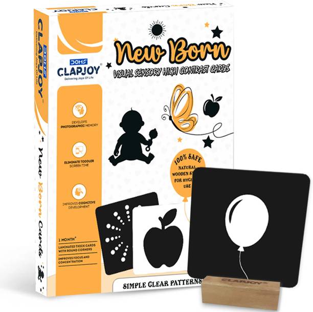 Clapjoy New Born High Contrast Black & White Flash Card with 2 Wooden Stands|0-6 months