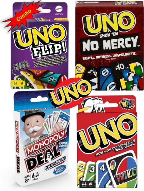 ToyShaala Mega UNO 4-in-1 Game Night Combo – Classic, Flip, No Mercy & Monopoly Deal