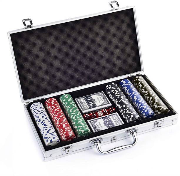 Protos India.Net 300 Pcs Poker Chips Hard Casino Style + 2 Playing Cards 5 Dices in Aluminum Box Diwali Special