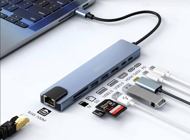 Foxne Point 8-in-1 USB-C Hub 4K HDMI, 100Mbps Ethernet, USB 3.0, USB-C PD SD/TF Card Reader 8-in-1 USB Type-C Hub with 4K UHD HDMI, USB 3.0/2.0 & Ethernet Card Reader, HDMI Connector, USB Hub
