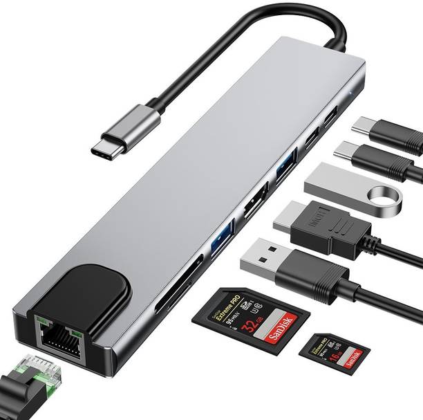 Foxne Point Type C Hub 8-in-1 Dock with USB 3.0, SD/TF, 4K HDMI USB C Hub Adapter with 87W PD, 100Mbps RJ45, 4K HDMI USB Hub