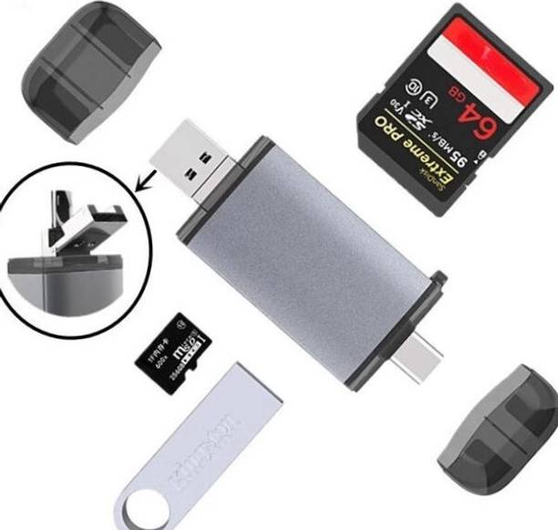 Doz 6 in 1 SD & TF Card Reader with Type-C, USB & Micro USB Ports, Portable 6-in-1 USB Card Reader Adapter | Dual USB & Type-C OTG Memory Card Reader Card Reader