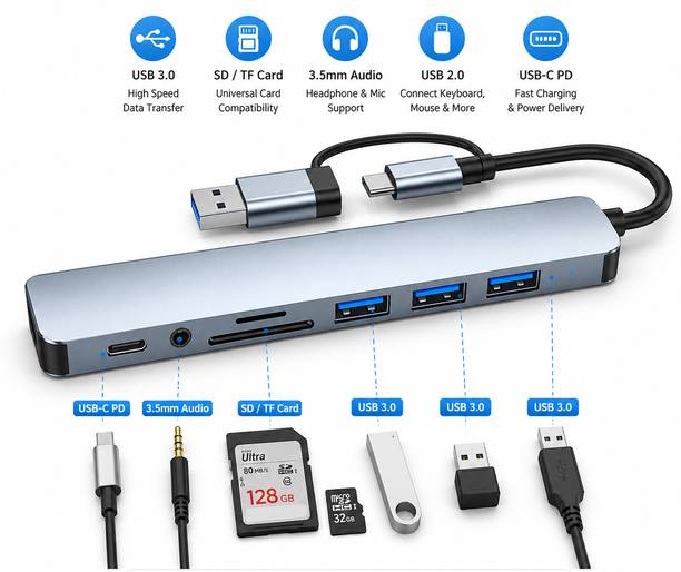 Foxne Point USB C Hub Multiport with USB 3.0, USB 2.0, SD/TF Card Reader & 3.5mm Audio USB C 8-in-1 Expansion Hub | Multiport Adapter for Laptop, PC, Tablet & Gaming USB Hub, Card Reader, Laptop Accessory