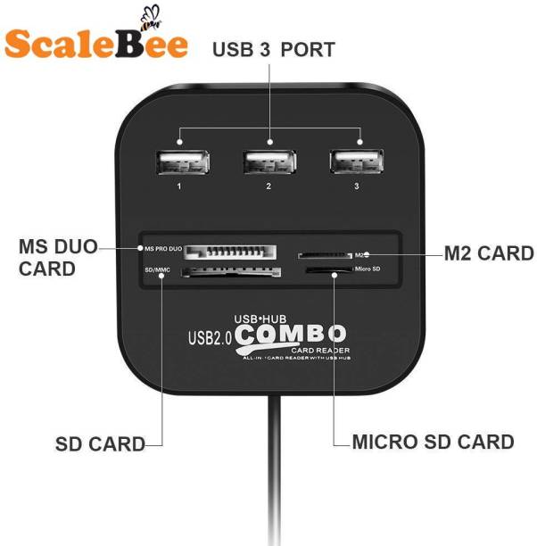 SCALEBEE All in One 3 Port USB 2.0 Big Combo HUB with Support Micro SDHC MMC Card Reader