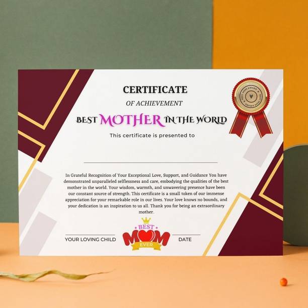 AanyaCentric Best Mother Certificate 11.7x8.3inches A4 Size with Envelope For Mom Maa Mummy Greeting Card